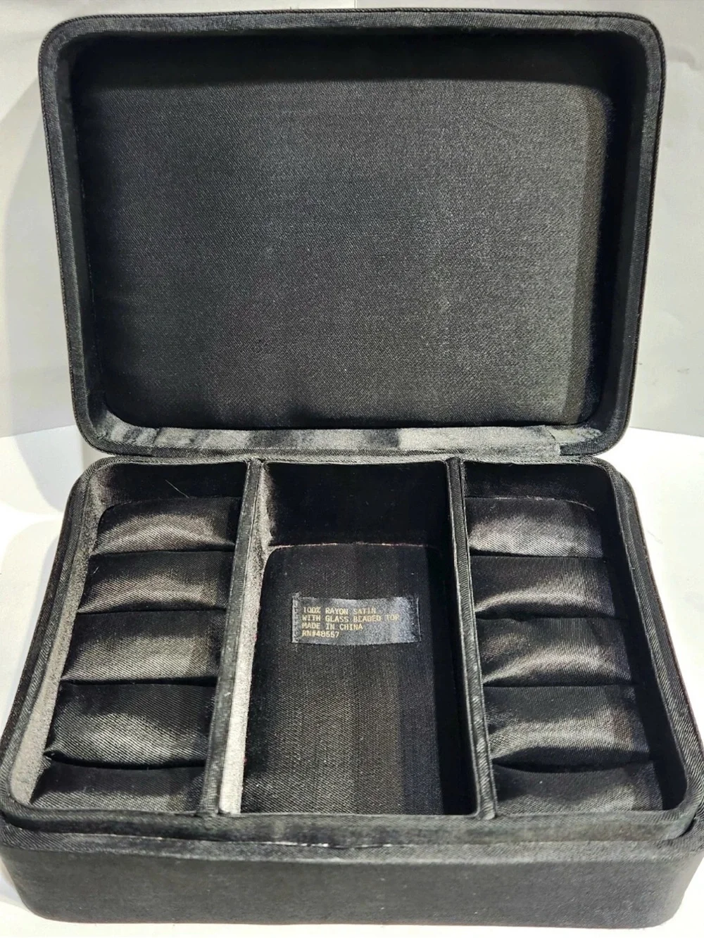 WOMANS BLACK SATIN BEADED EMBELLISHED JEWELRY ORGANIZER BOX SIZE 6 3/4